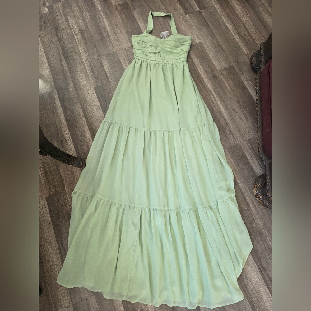 ASOS DESIGN Tall ruched bodice halter tiered maxi dress Sage green Wedding Y2K - Picture 6 of 13